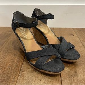 Toms Sienna Cork Navy Blue Denim Wedge Sandals